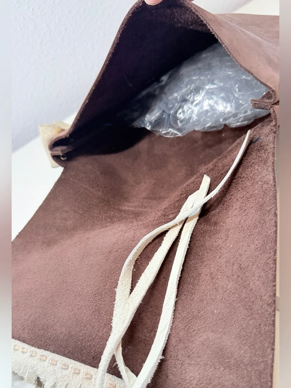 Handmade Leather Fringe Crossbody Bag Brown Cream Boho Western